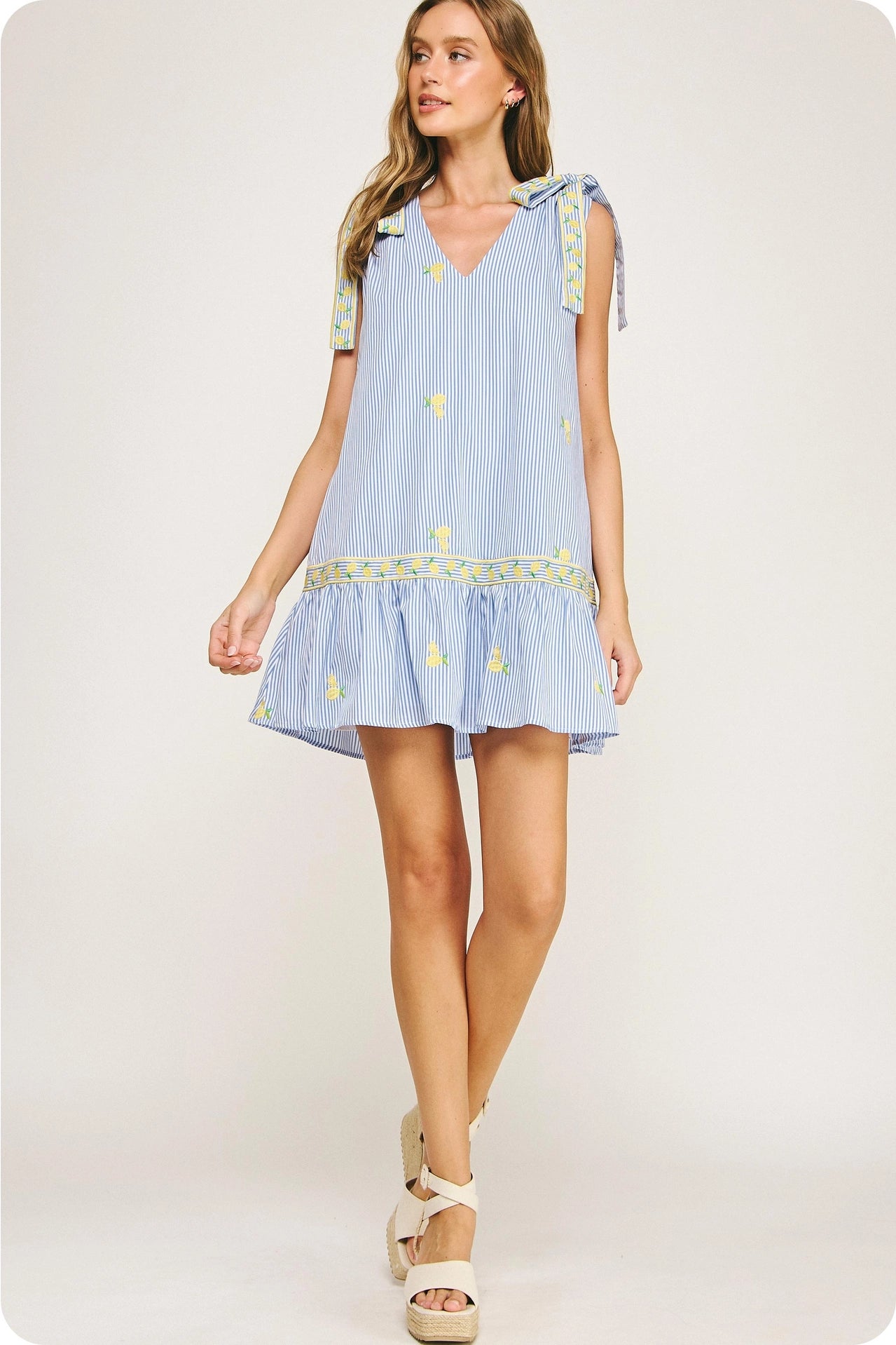 Lemon Embroidery Bow Strap Detail Stripe Mini Dress