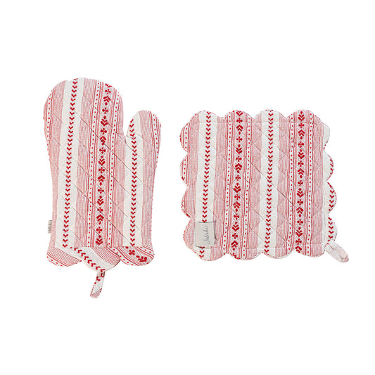 Villa Stripe Oven Mitt and Pot Holder Set of 2 Piece Ruby