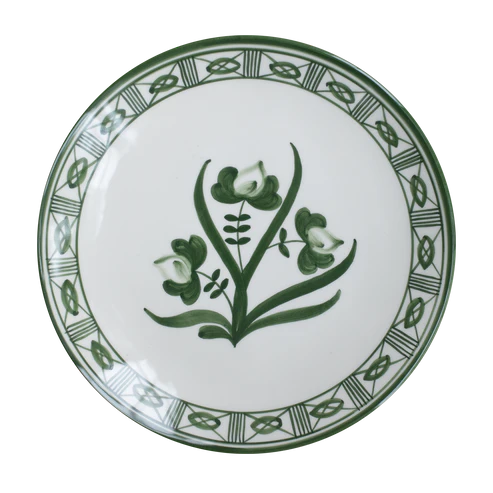 Lisbon Dinner Plate with Floral Center and Filigree Rim ~ hand painted | Verde Green