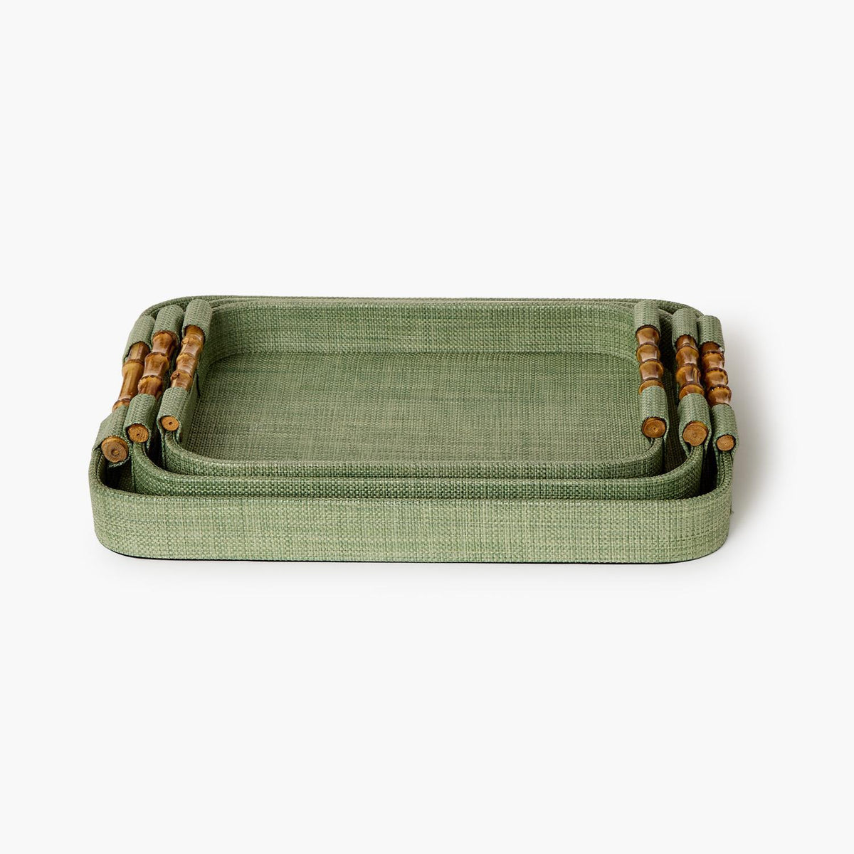 Monaco Green Faux Seagrass Decorative Rectangle Tray with Oval Corners and Bamboo Handles | Small
