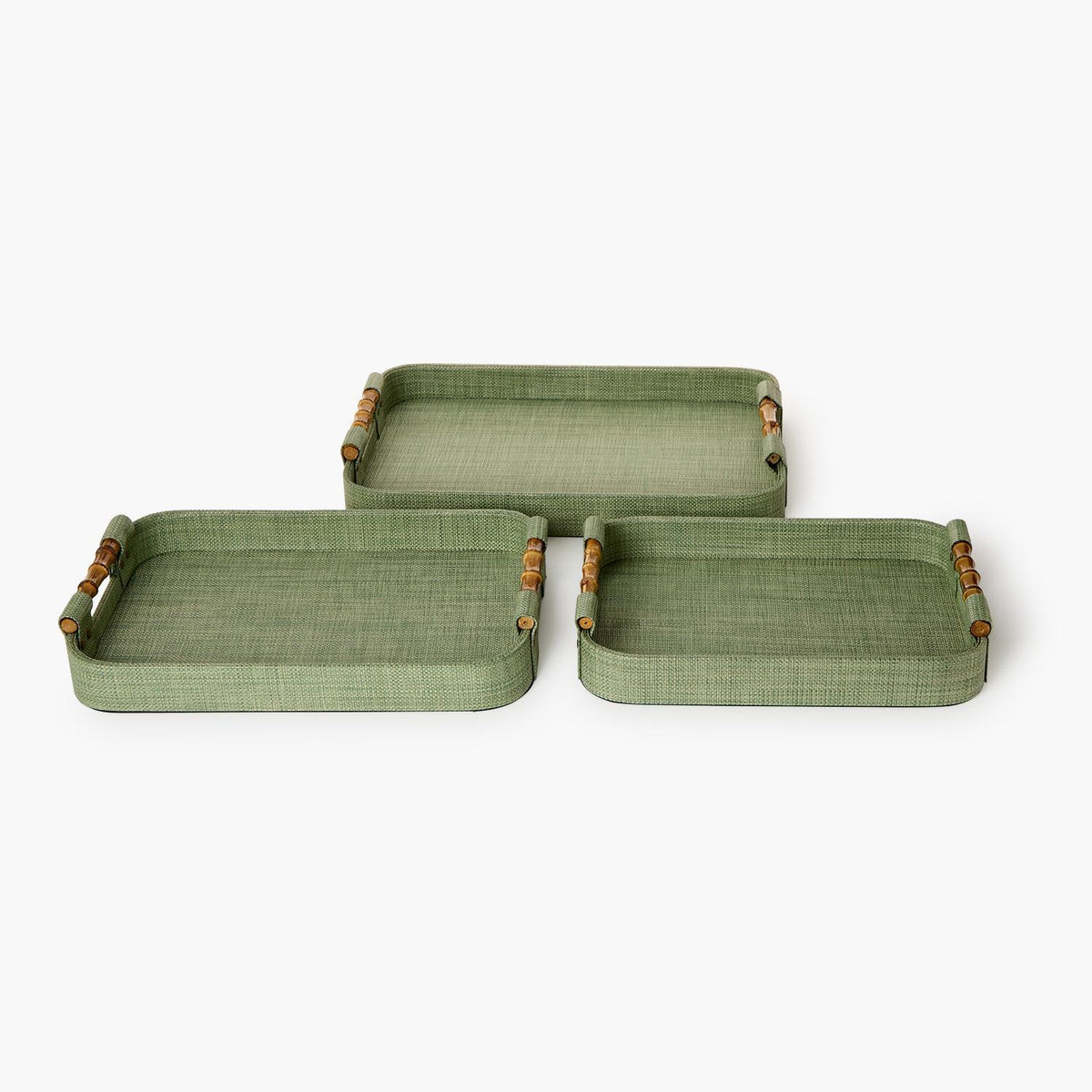 Monaco Green Faux Seagrass Decorative Rectangle Tray with Oval Corners and Bamboo Handles | Small