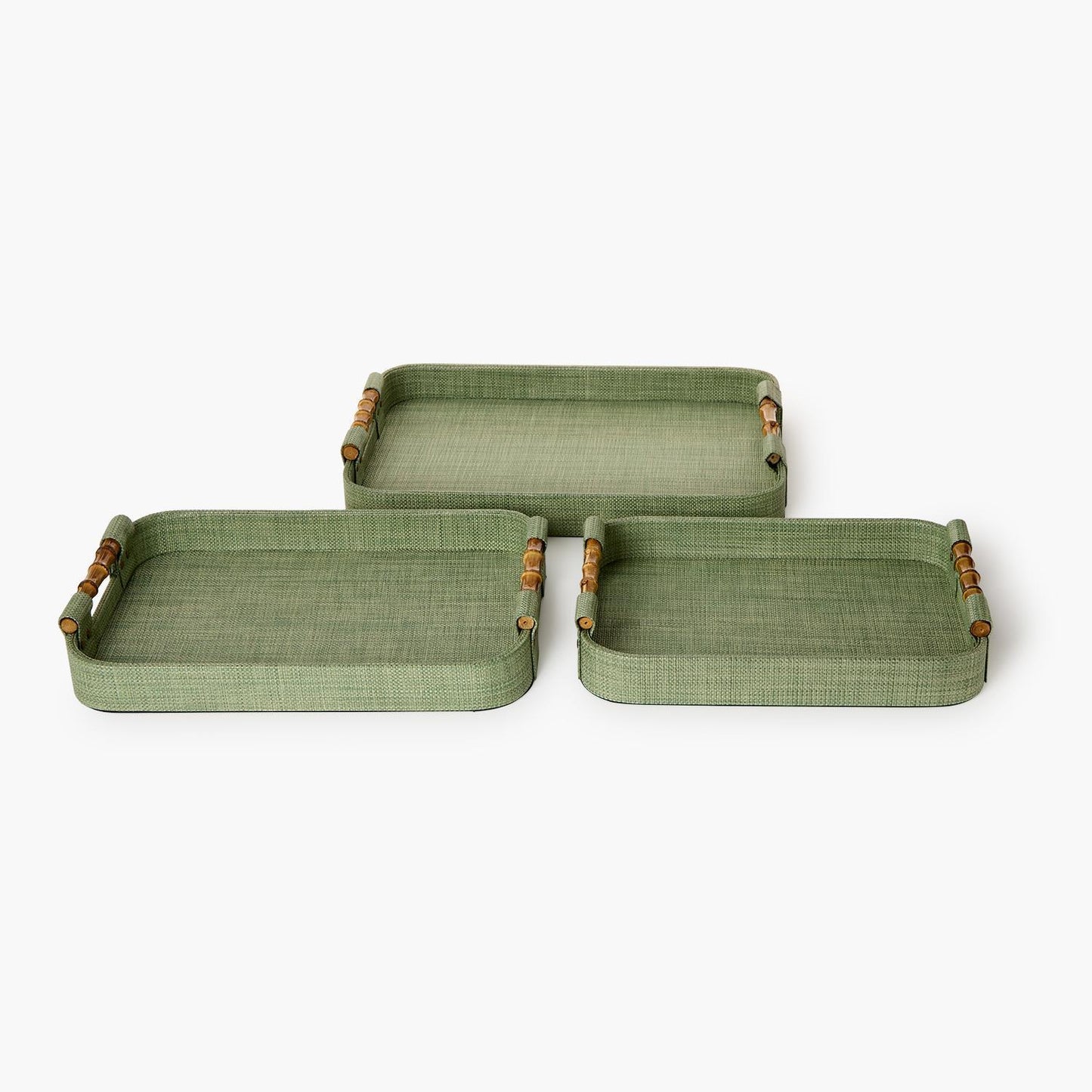 Monaco Green Faux Seagrass Decorative Rectangle Tray with Oval Corners and Bamboo Handles | Medium