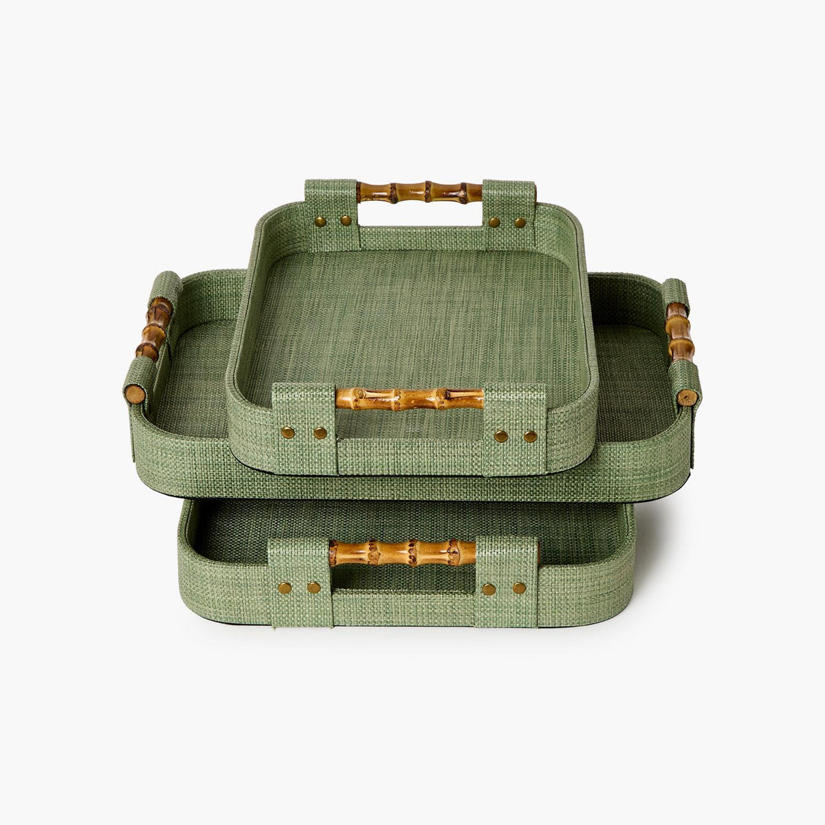 Monaco Green Faux Seagrass Decorative Rectangle Tray with Oval Corners and Bamboo Handles | Small