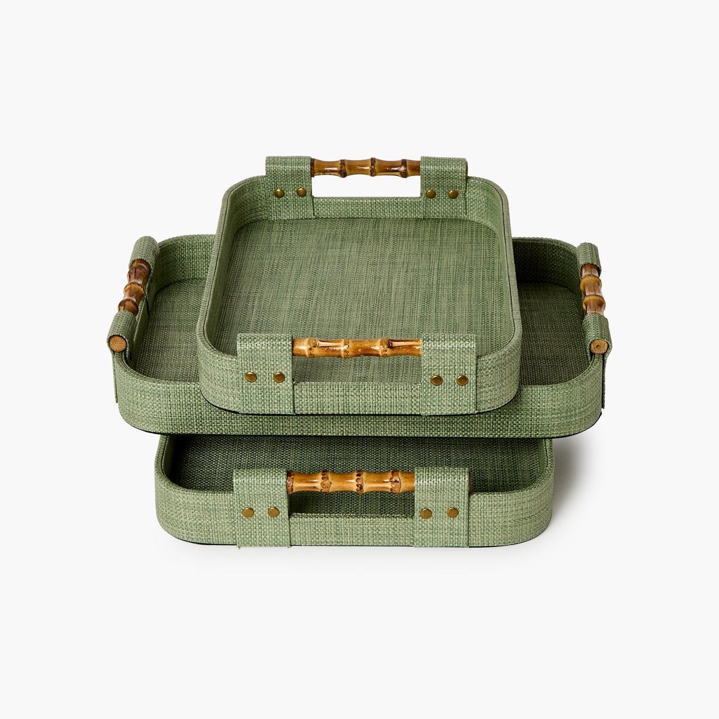 Monaco Green Faux Seagrass Decorative Rectangle Tray with Oval Corners and Bamboo Handles | Medium