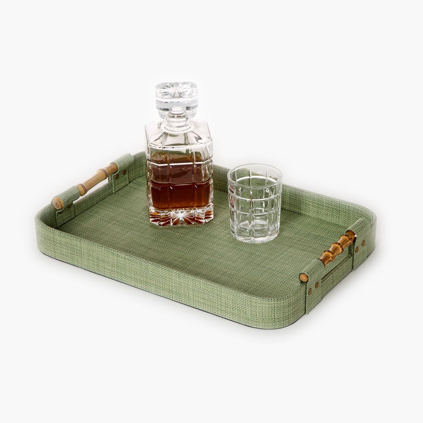 Monaco Green Faux Seagrass Decorative Rectangle Tray with Oval Corners and Bamboo Handles | Small