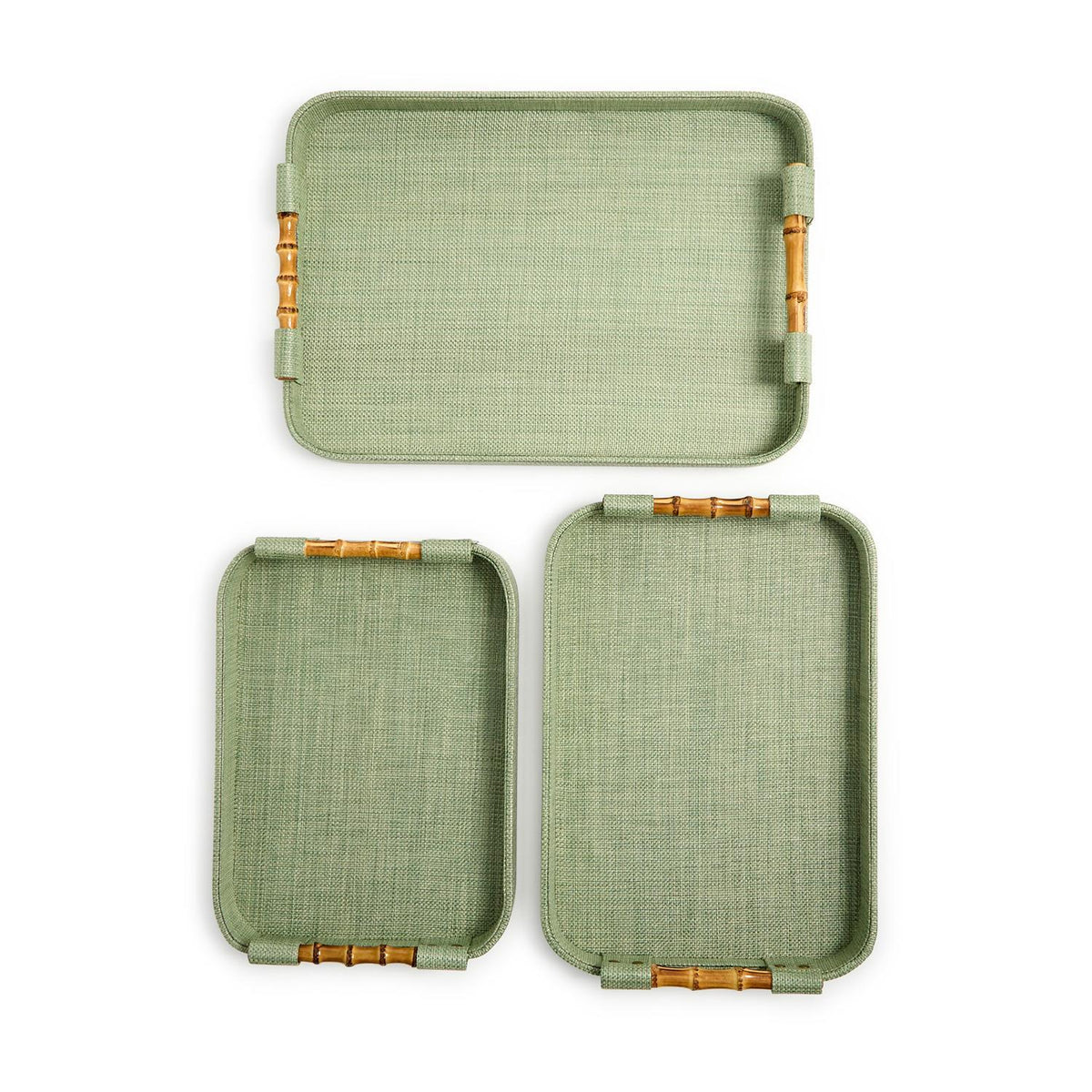 Monaco Green Faux Seagrass Decorative Rectangle Tray with Oval Corners and Bamboo Handles | Small