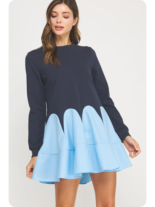 Flare Hem Mixed Media Knit Mini Dress | Navy Peri