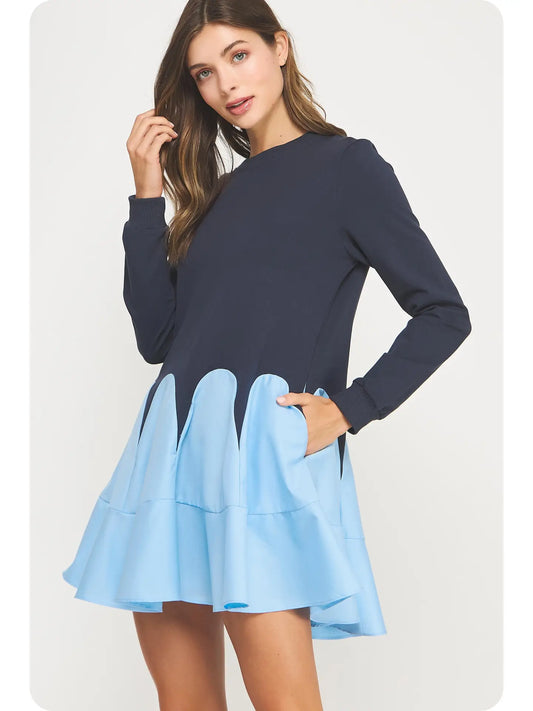 Flare Hem Mixed Media Knit Mini Dress | Navy Peri