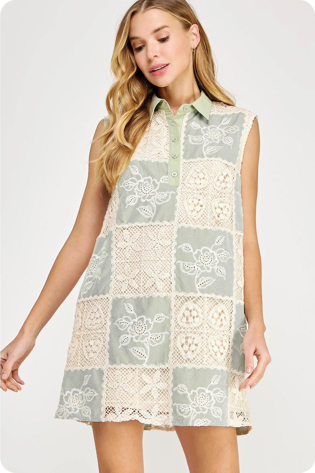 Checkered Patchwork Crochet Sleeveless Mini Dress