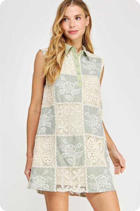 Checkered Patchwork Crochet Sleeveless Mini Dress