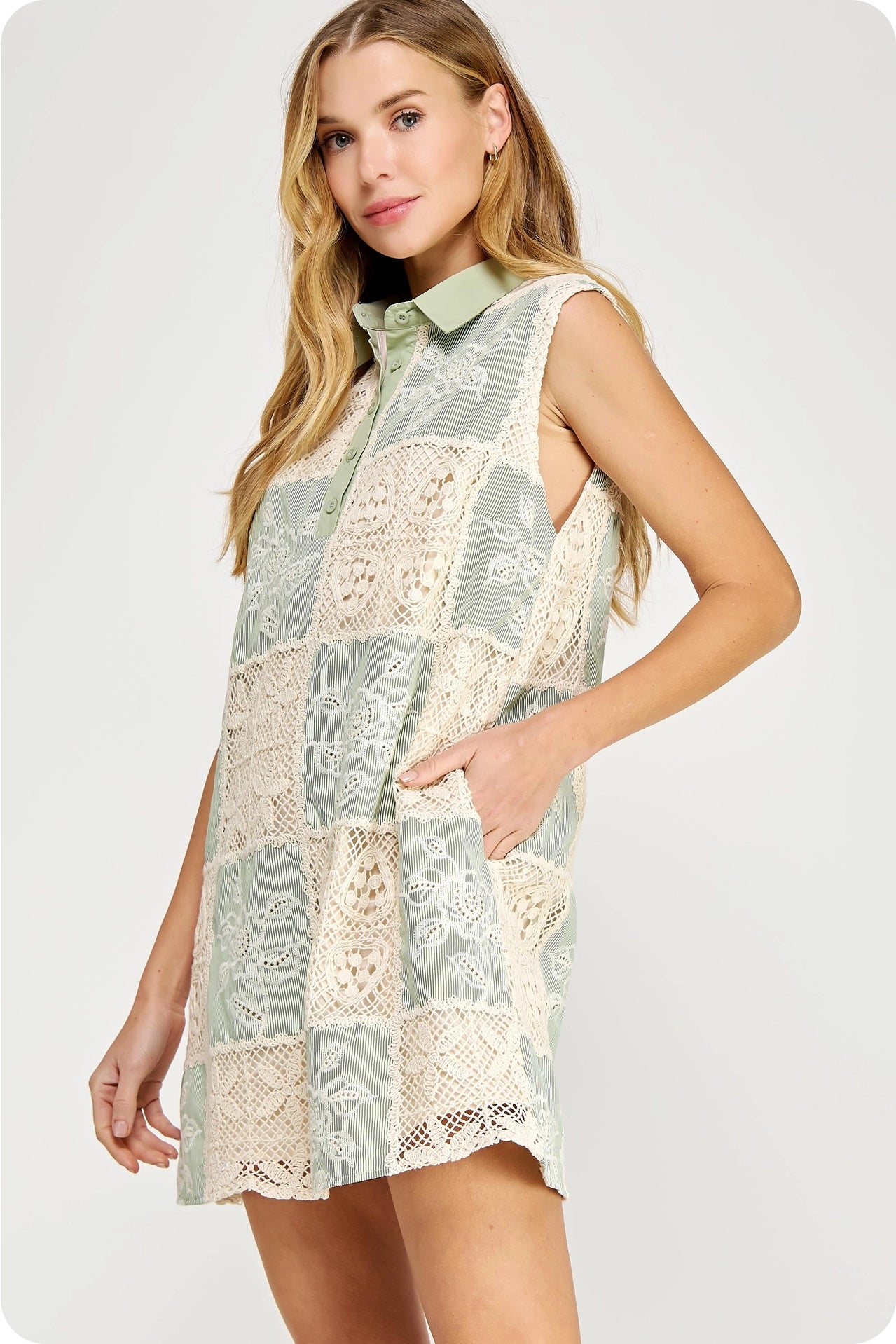 Checkered Patchwork Crochet Sleeveless Mini Dress