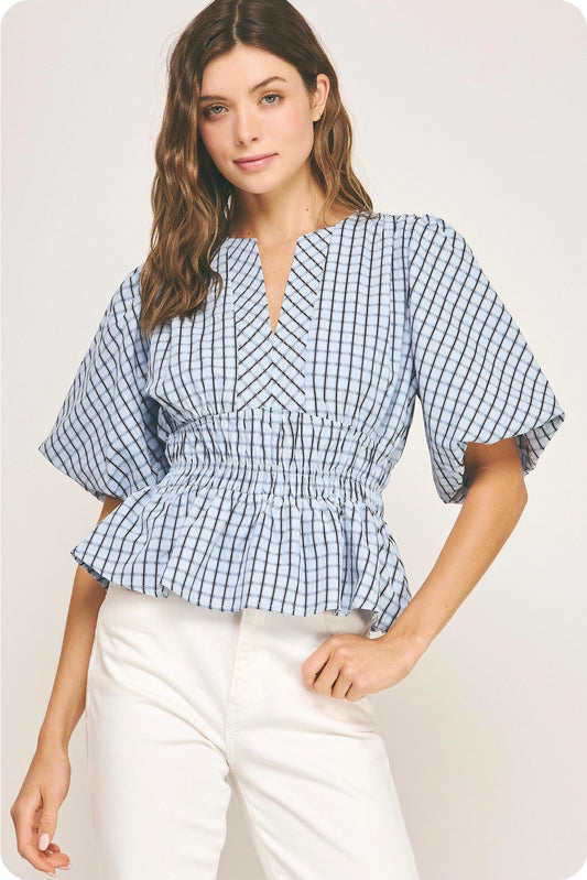 Checkered Puff Sleeve Blouse