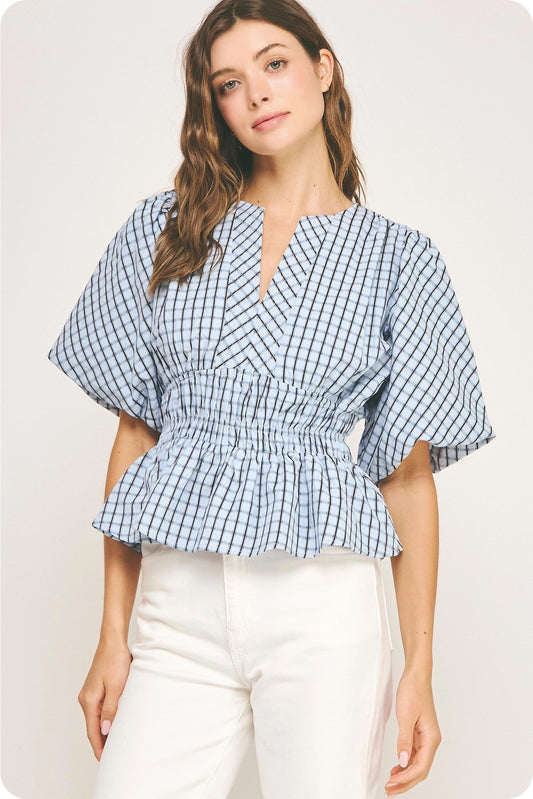 Checkered Puff Sleeve Blouse