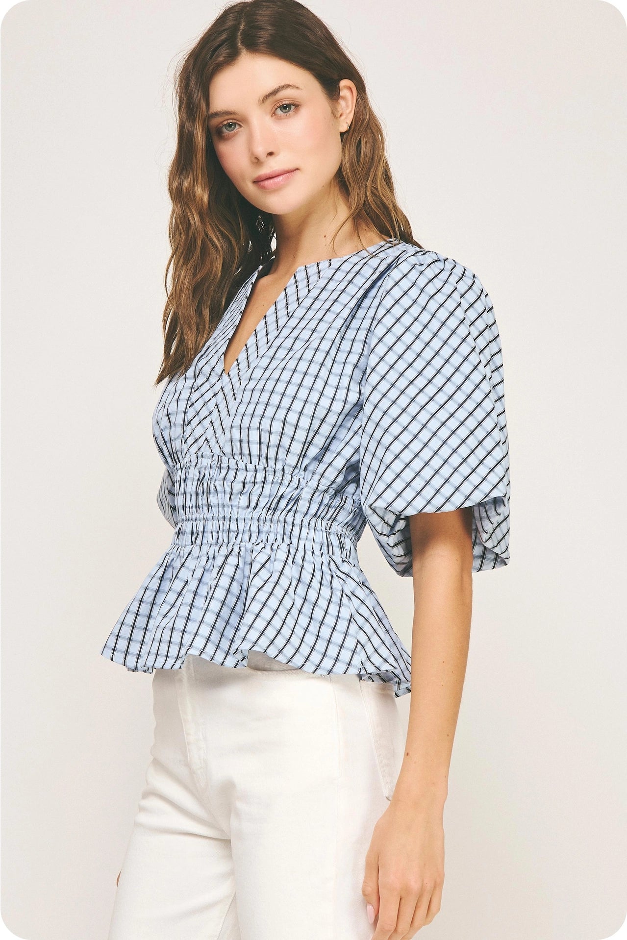 Checkered Puff Sleeve Blouse