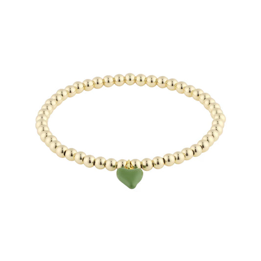 Bead Bracelet w/Mini Green Enamel Heart Charm - HART