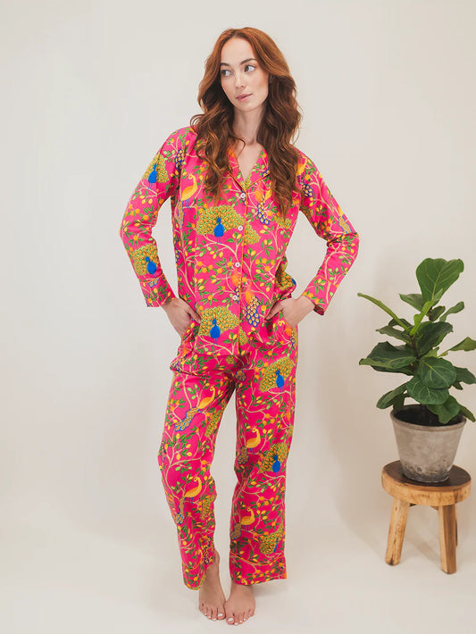 Fearless Peacock | Long Sleve Pajama Gift Set - Pink - Large