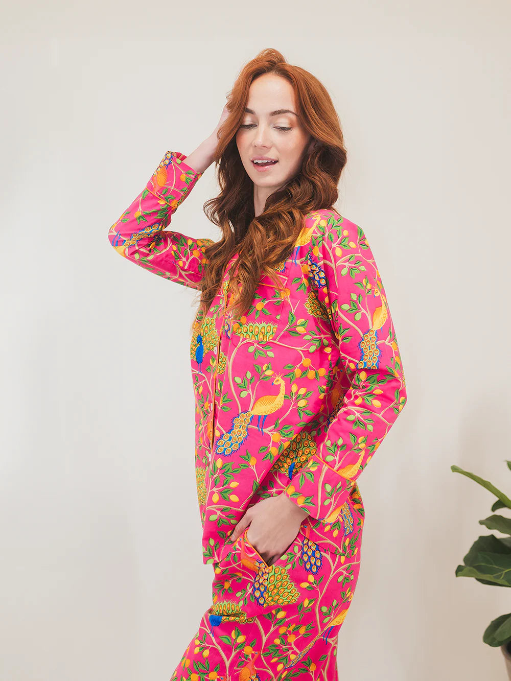 Fearless Peacock | Long Sleve Pajama Gift Set - Pink - Small
