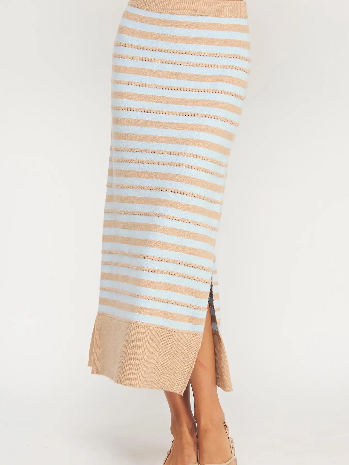 Pointelle Textured Striped Midi Skirt | Taupe/Sky Blue