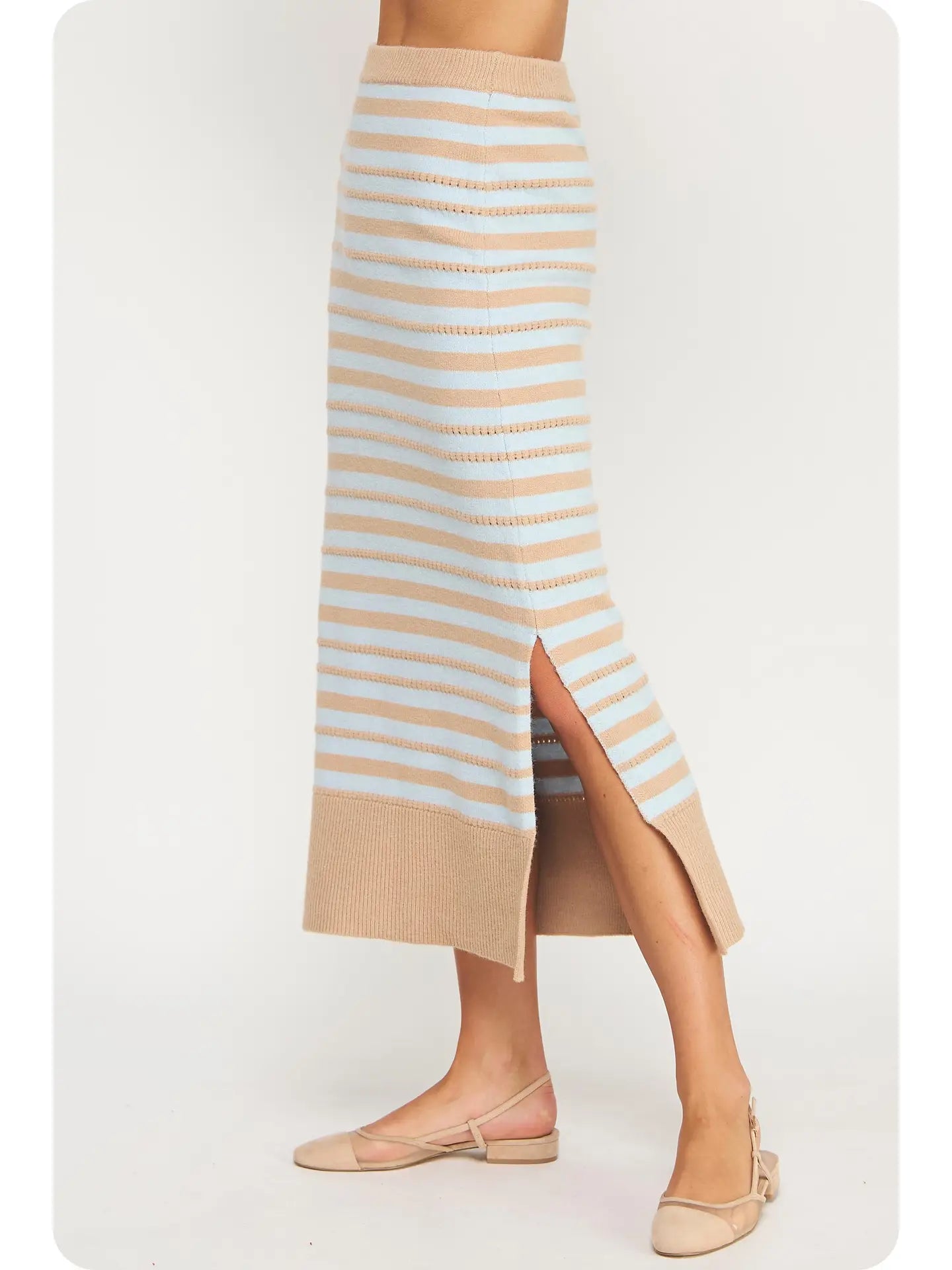 Pointelle Textured Striped Midi Skirt | Taupe/Sky Blue
