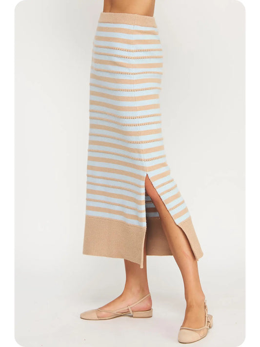 Pointelle Textured Striped Midi Skirt | Taupe/Sky Blue