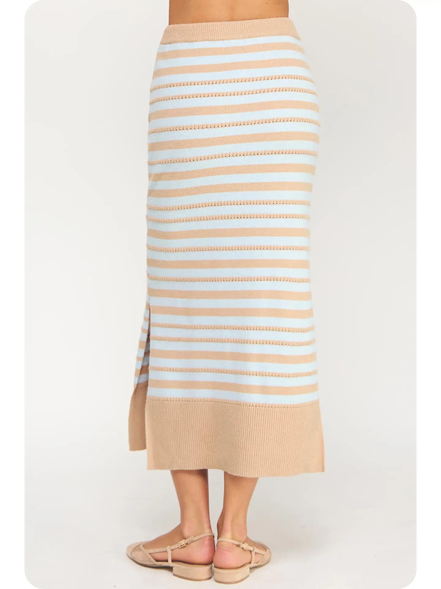 Pointelle Textured Striped Midi Skirt | Taupe/Sky Blue