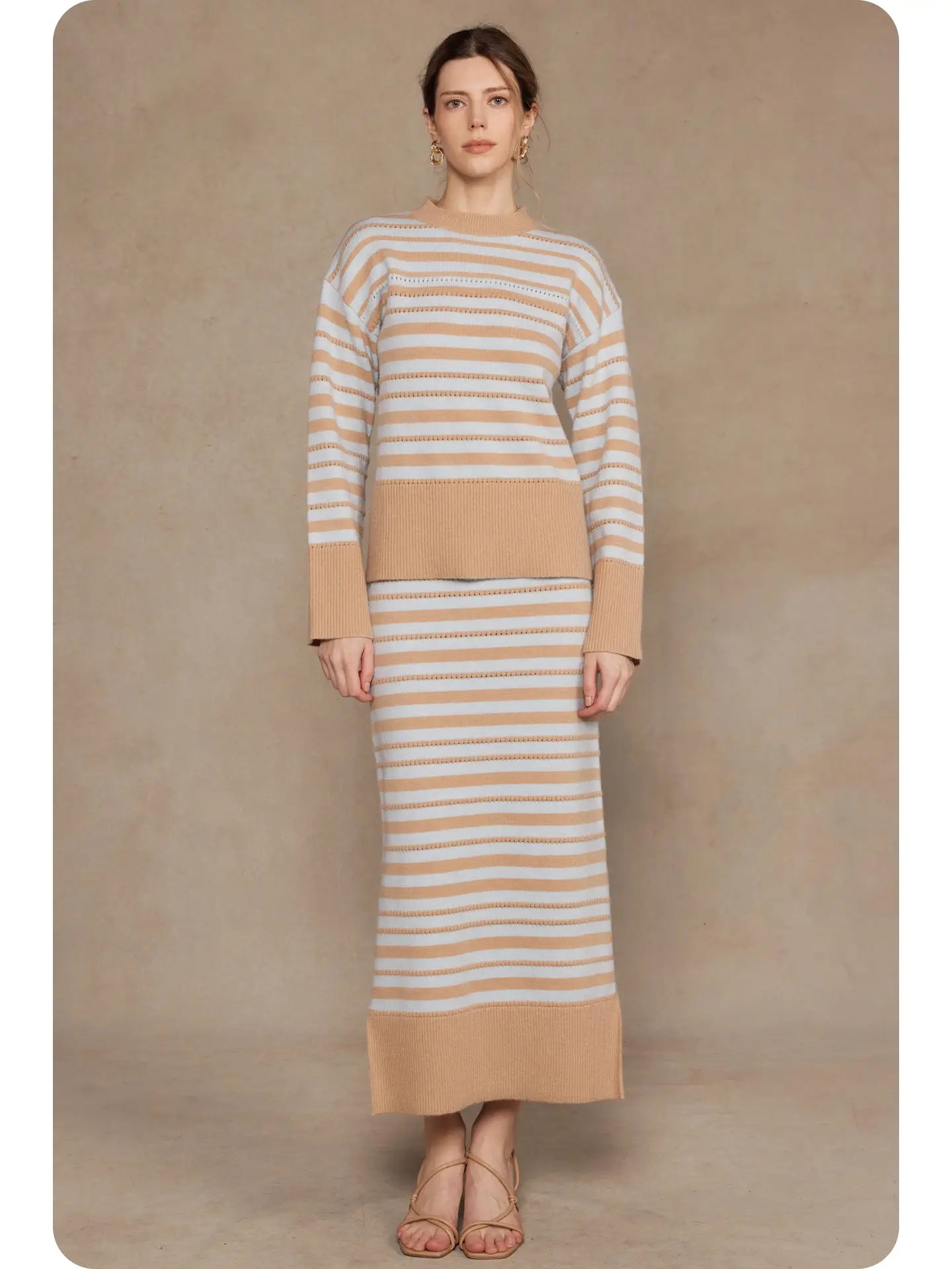 Pointelle Textured Striped Midi Skirt | Taupe/Sky Blue