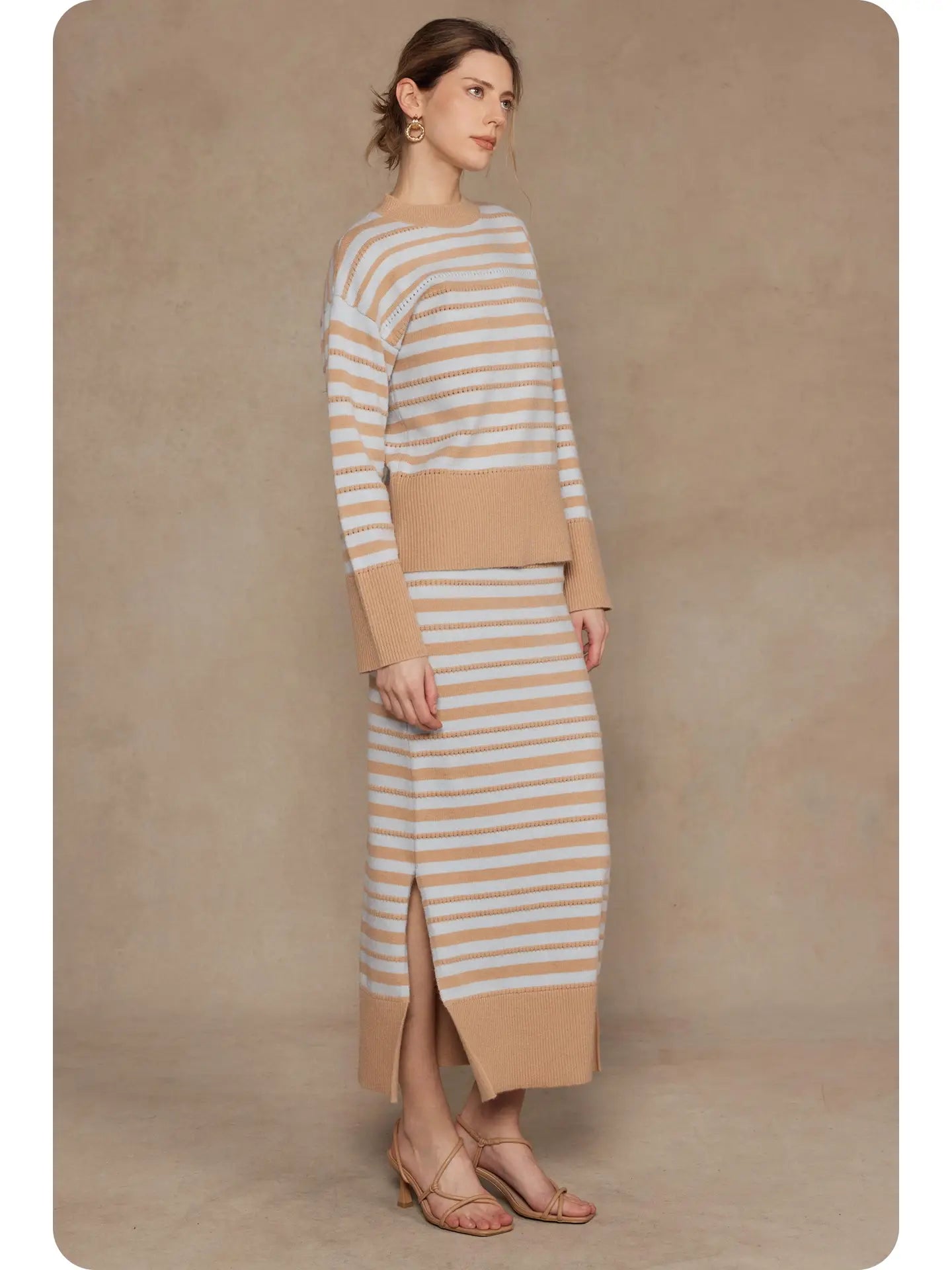 Pointelle Textured Striped Midi Skirt | Taupe/Sky Blue