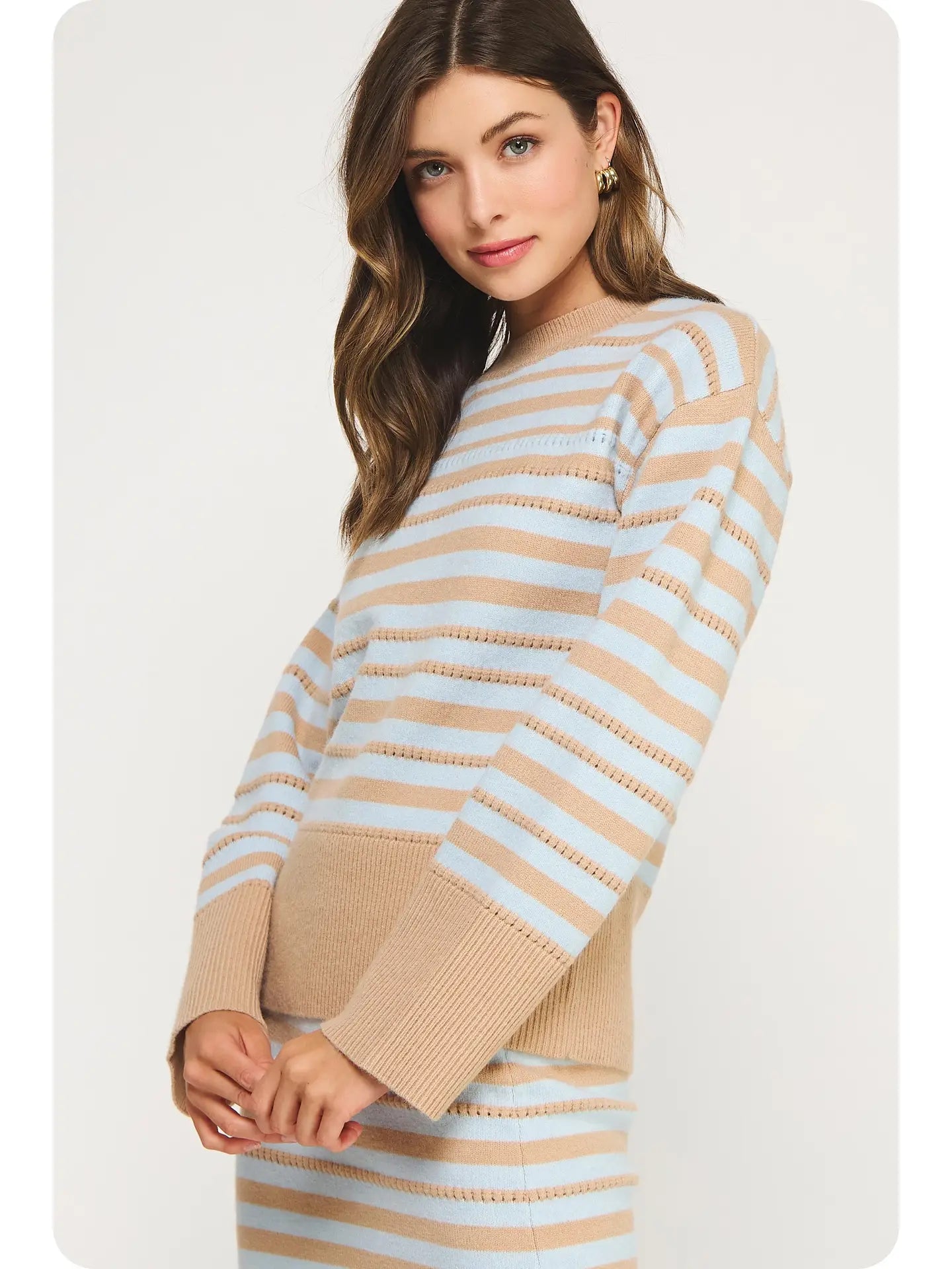 Pointelle Textured Striped Midi Sweater | Taupe/Sky Blue