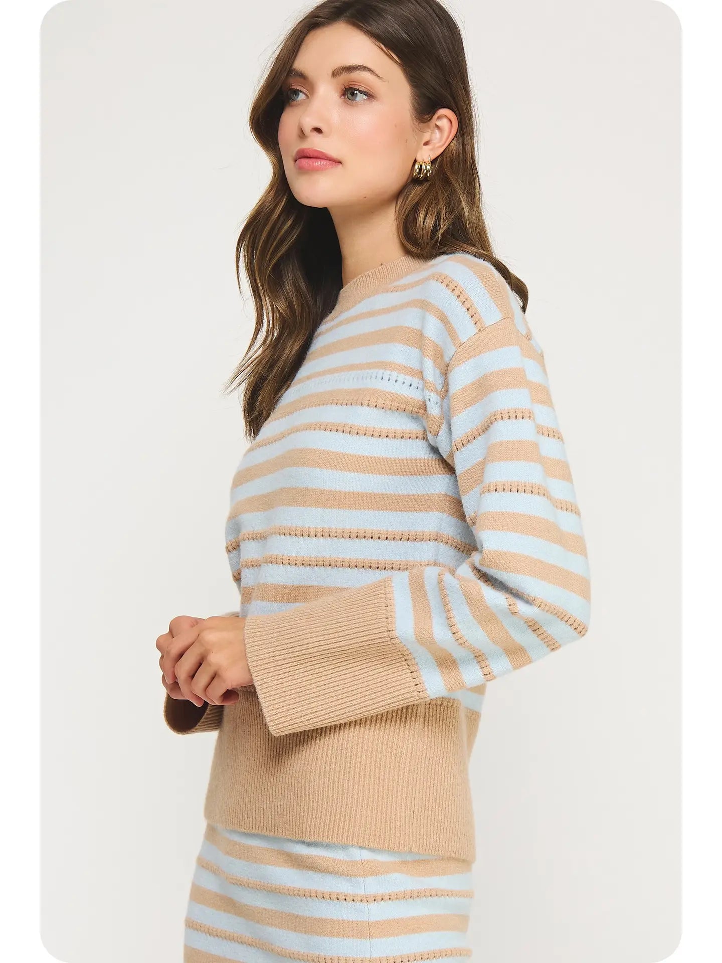 Pointelle Textured Striped Midi Sweater | Taupe/Sky Blue