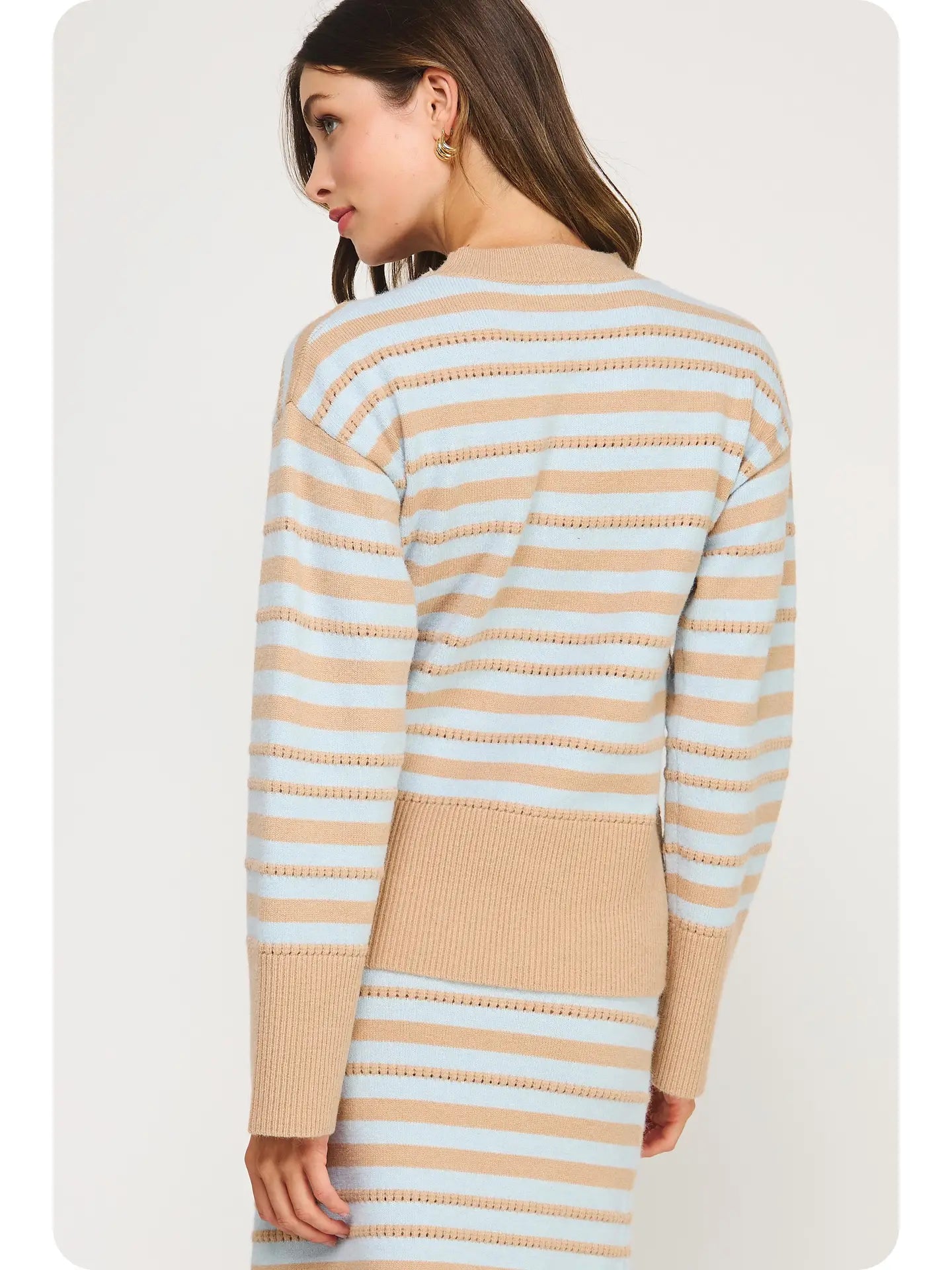 Pointelle Textured Striped Midi Sweater | Taupe/Sky Blue