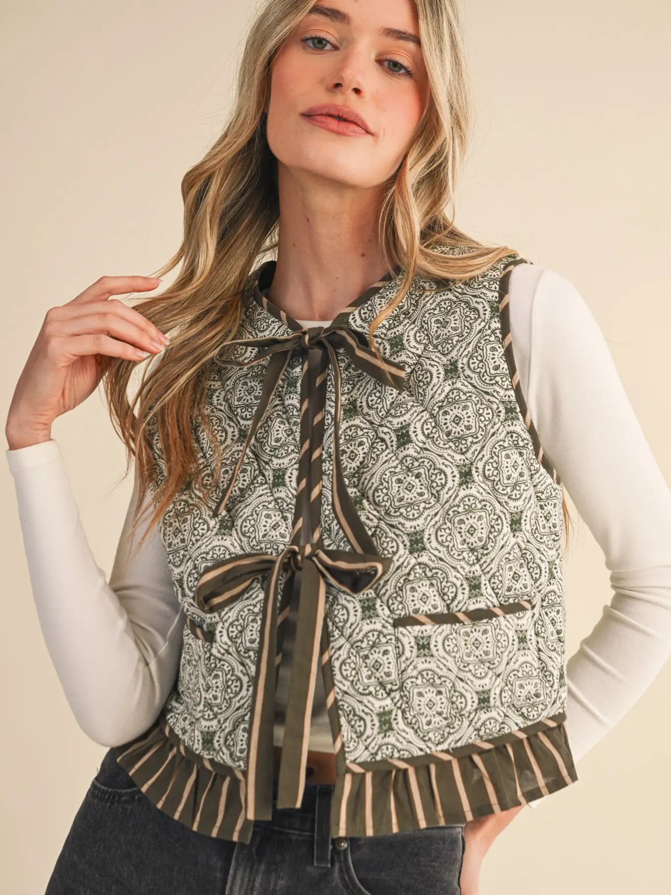 Quilted Print Ruffle | Olive Multi