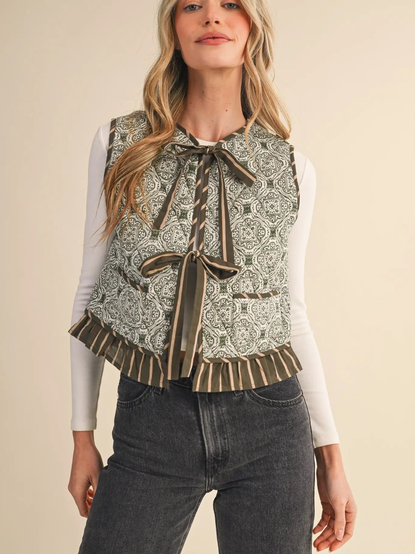 Quilted Print Ruffle | Olive Multi