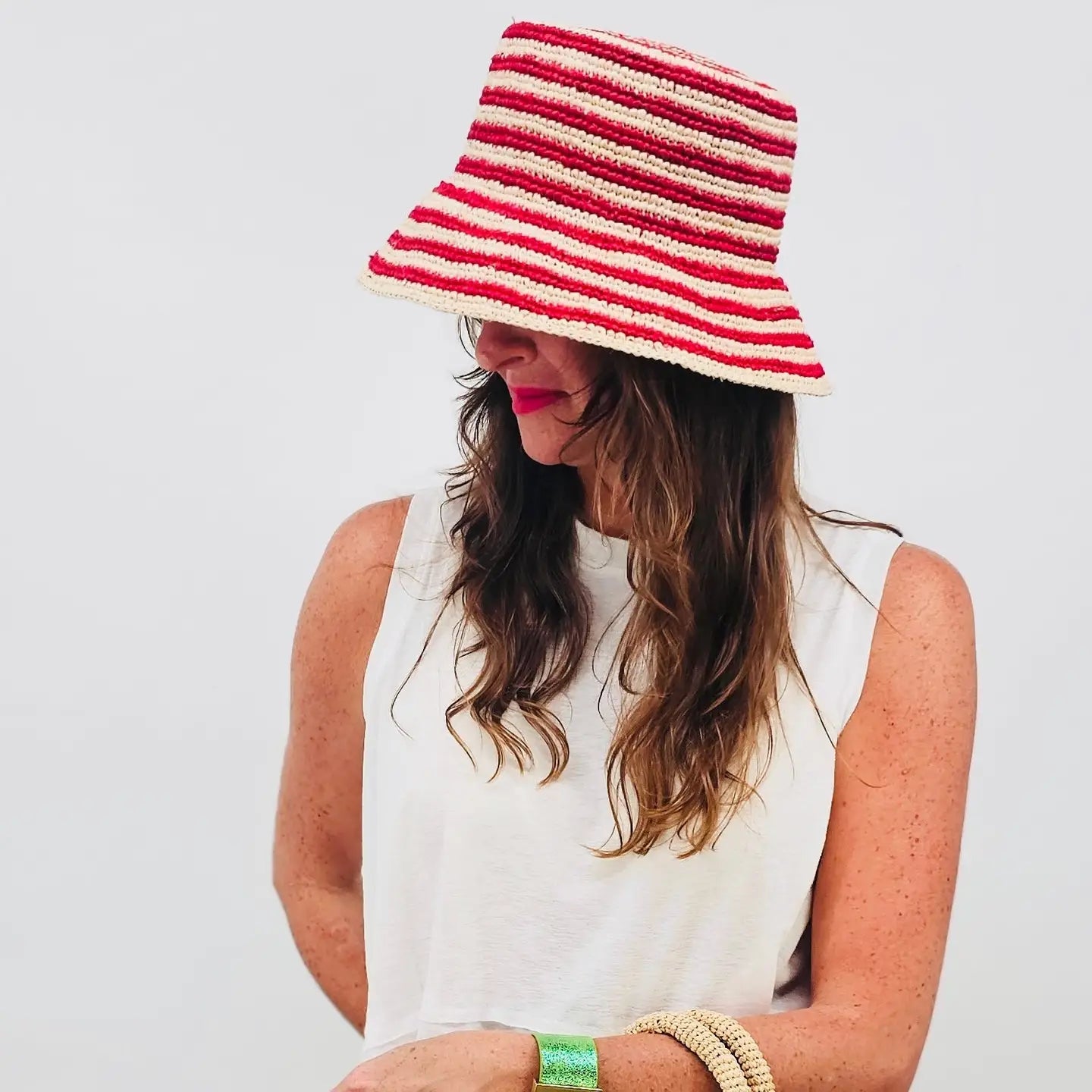 Baldiz Red and Hay Striped Beau Raffia Bucket Hat