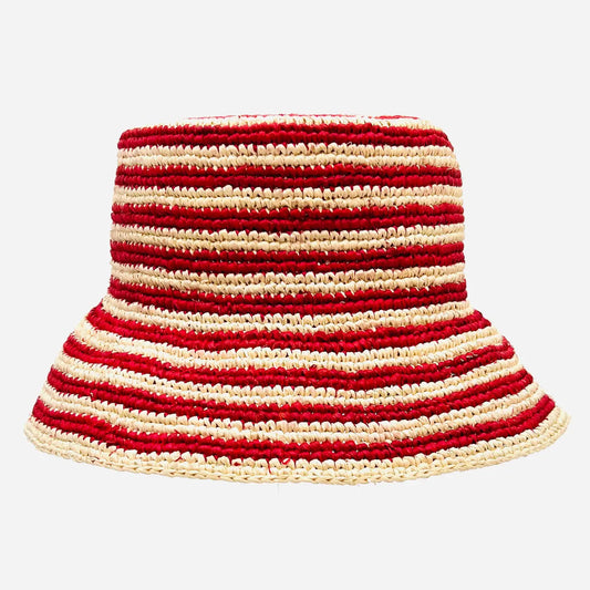 Baldiz Red and Hay Striped Beau Raffia Bucket Hat