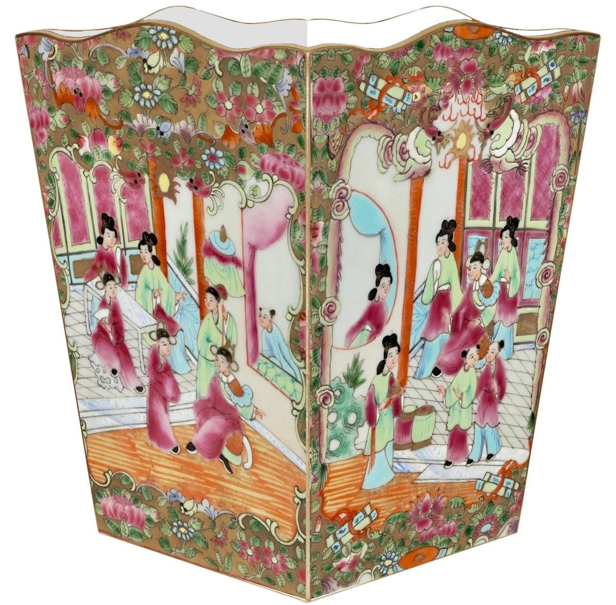 Rose Medallion People Wastebasket | Wood Scalloped Top