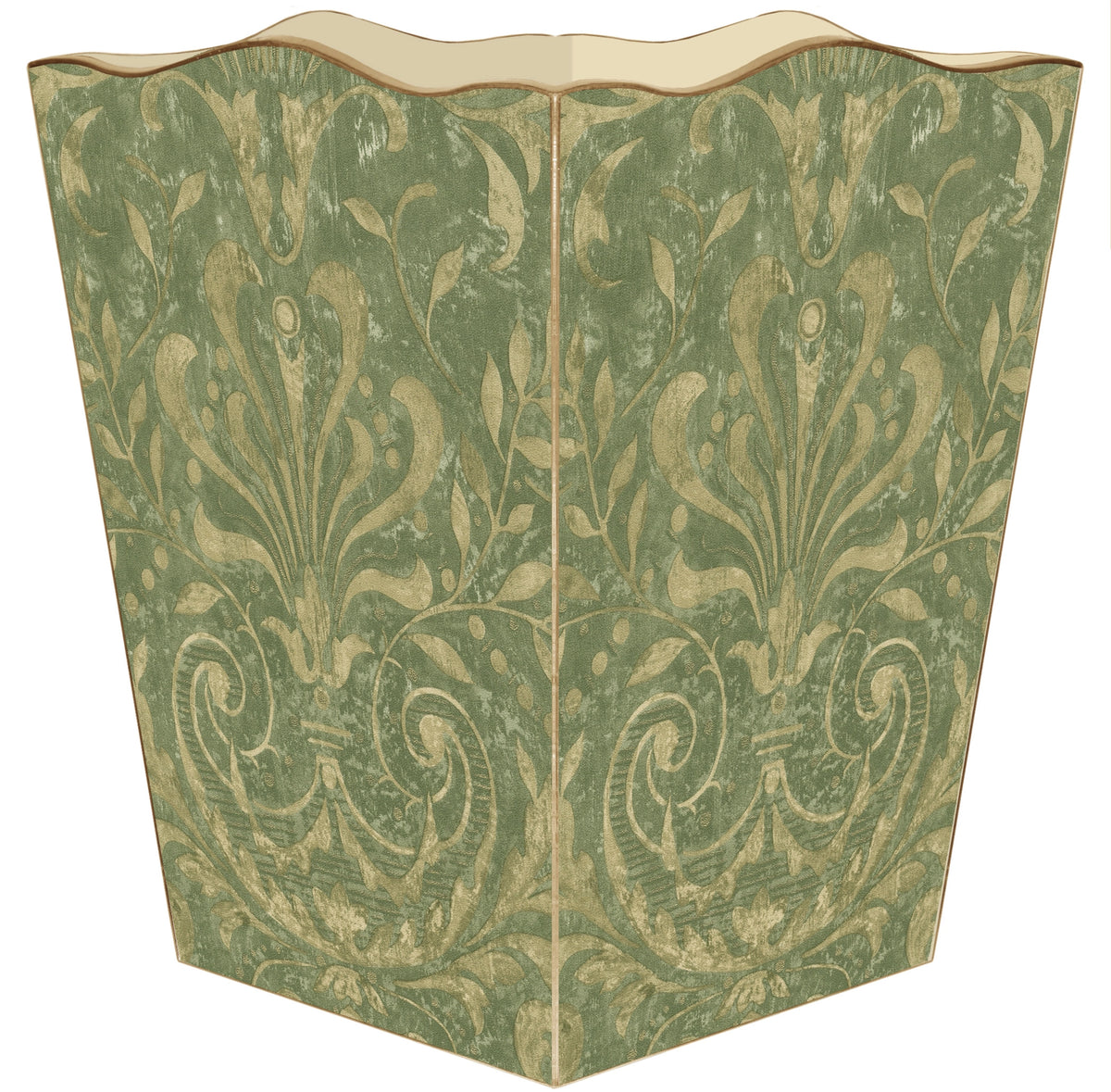 Sage Damask Wastepaper Backet | Scalloped Top