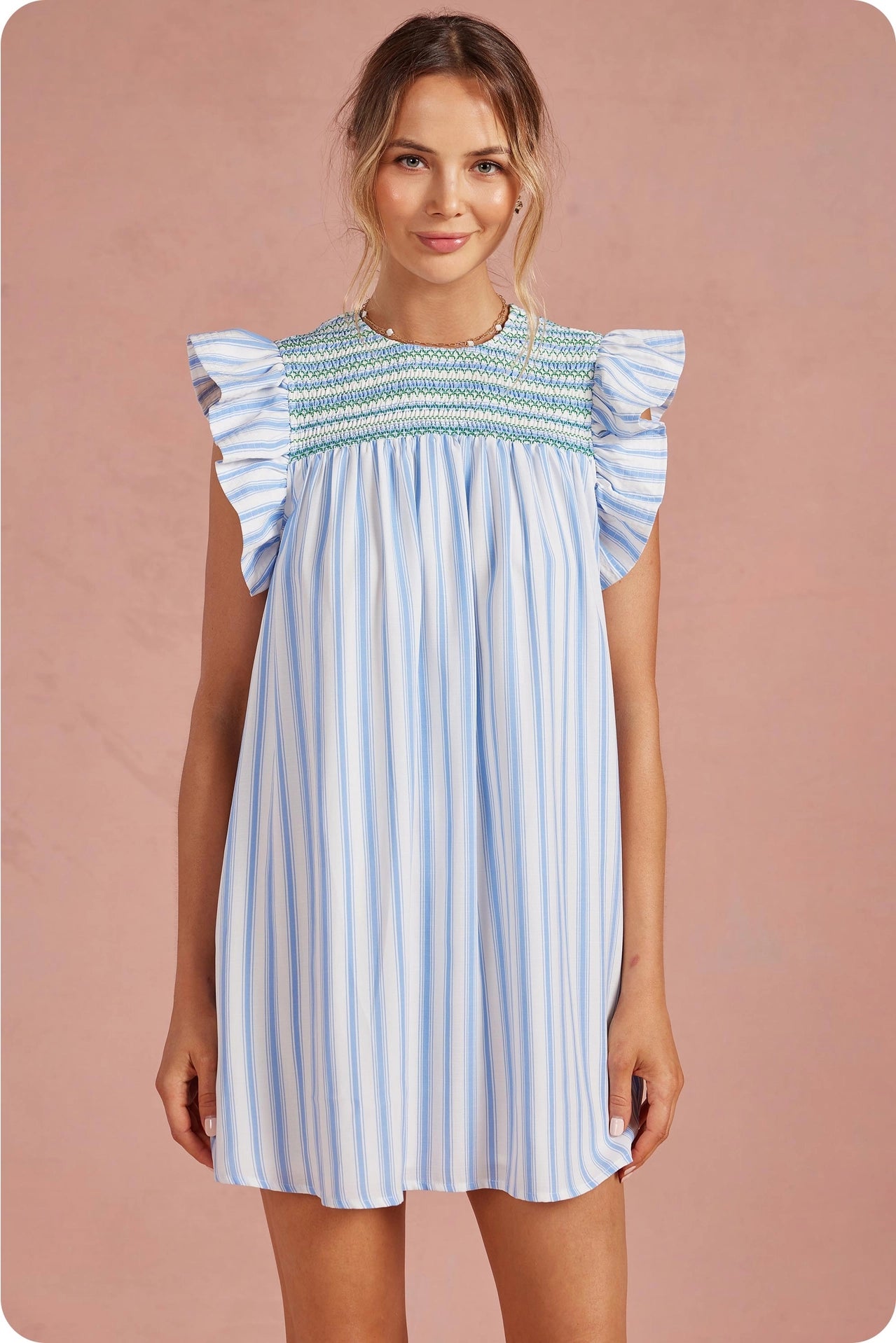 Stripe Color Smocking Detail Mini Dress