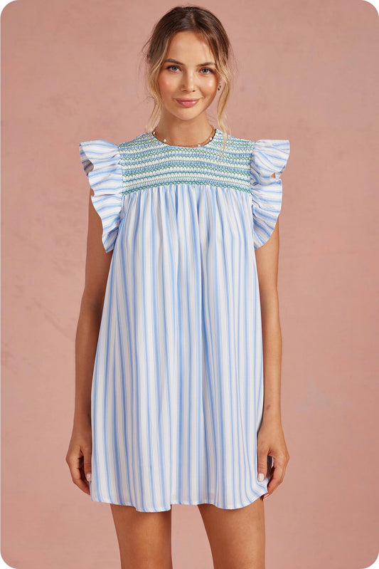 Stripe Color Smocking Detail Mini Dress