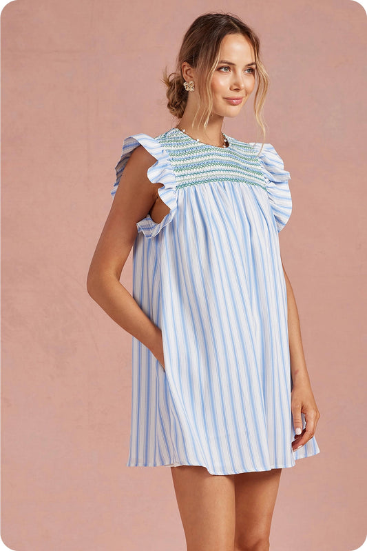 Stripe Color Smocking Detail Mini Dress