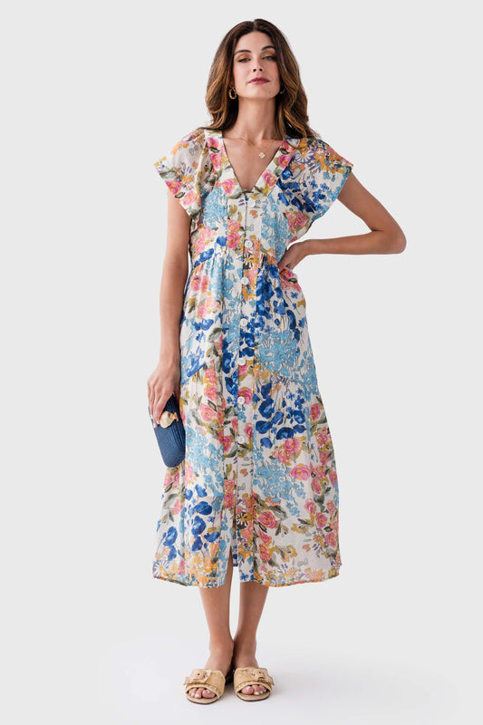 Flutter Sleeve Button Front Floral Maxi Dress - Small