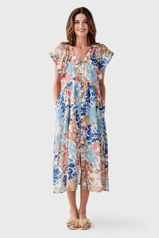 Flutter Sleeve Button Front Floral Maxi Dress - XS