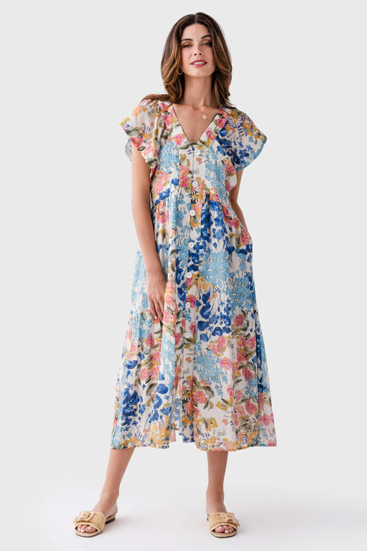 Flutter Sleeve Button Front Floral Maxi Dress - Small