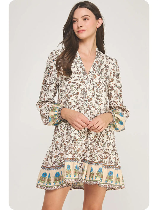 Long Sleeve Border Print Mini Shirt Dress | Tan Brown