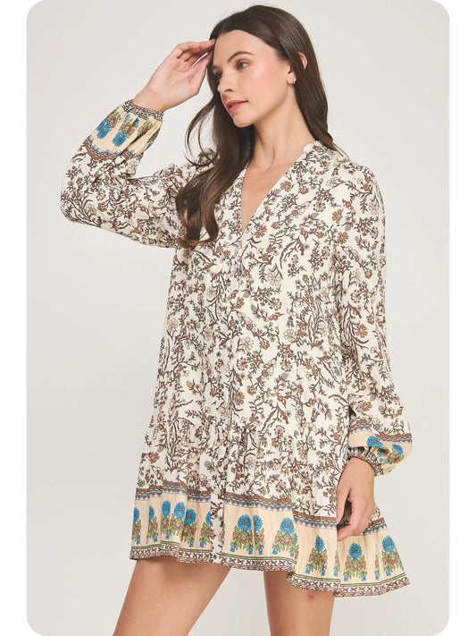 Long Sleeve Border Print Mini Shirt Dress | Tan Brown