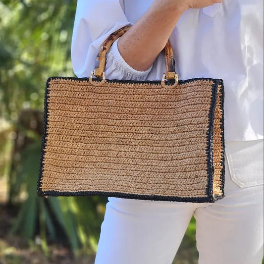 Baldiz Tan and Black Piper Raffia Bamboo Bag