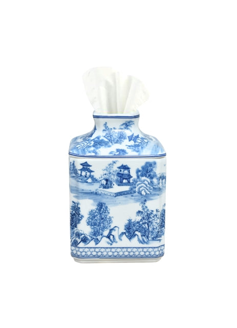 Blue & White Chinoiserie Square Tissue Box 8"