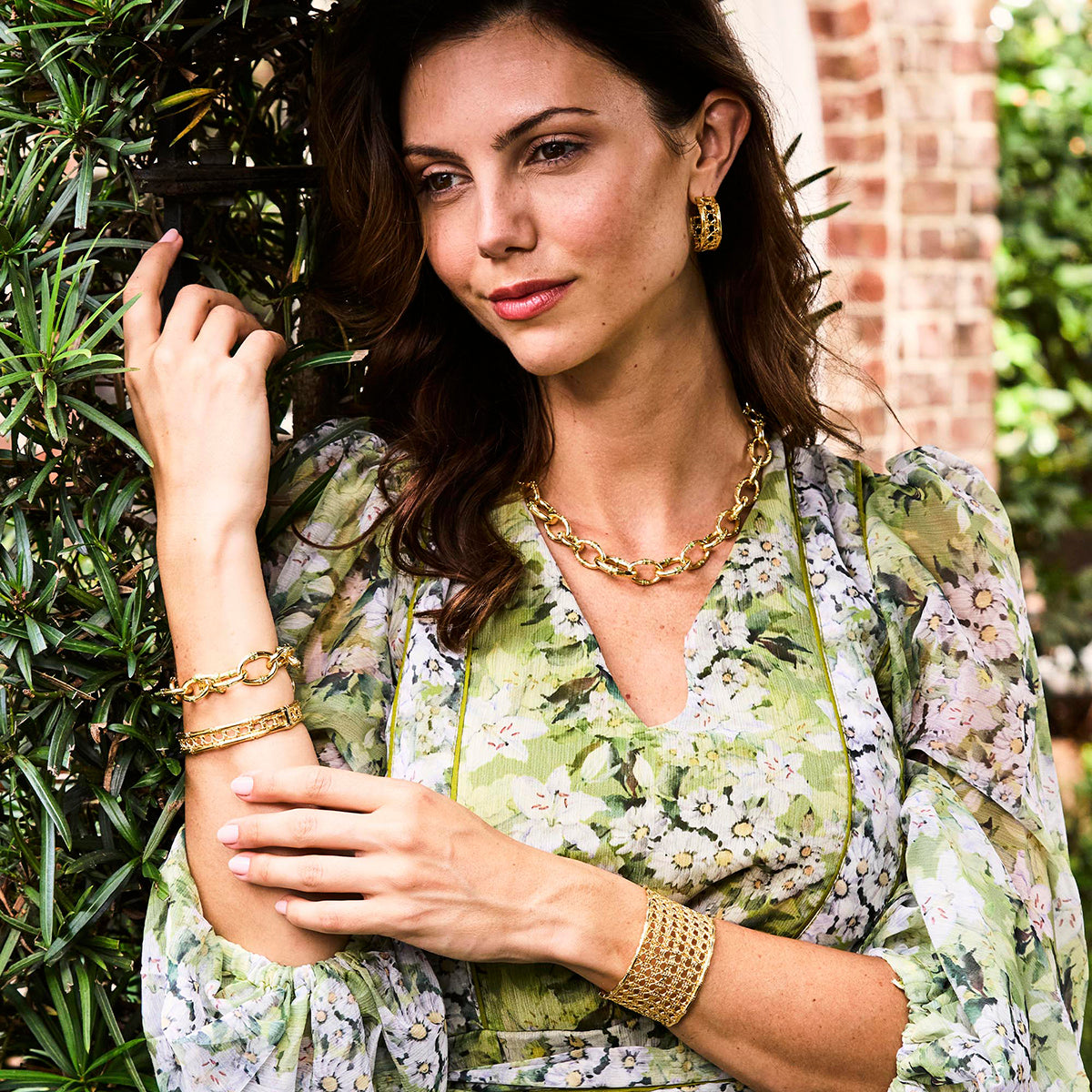 Bangkok Bamboo Link Necklace, 18" - Gold/Green Enamel