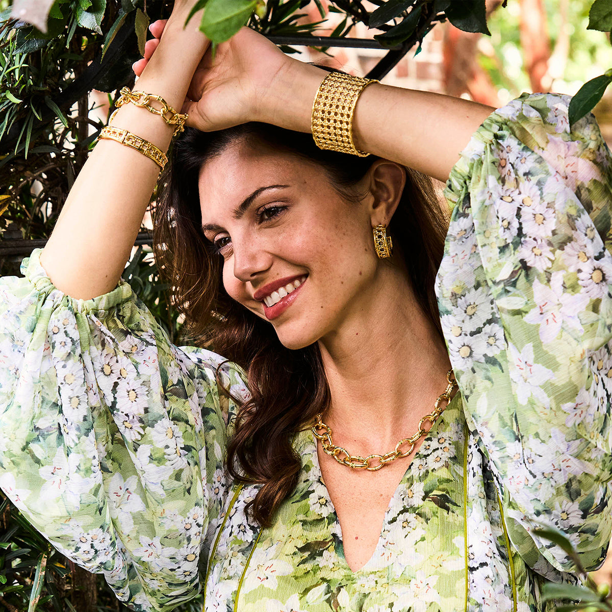 Bangkok Bamboo Link Necklace, 18" - Gold/Green Enamel