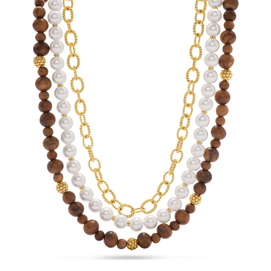 Earth Goddess Necklace, 18"+2" - Teak/Pearls