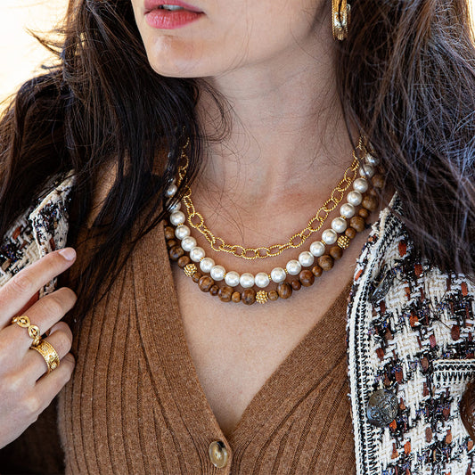 Earth Goddess Necklace, 18"+2" - Teak/Pearls